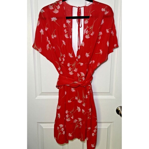 Lush Kimono Deep V Mini Dress Size Large Red Floral Double Button Front Tie Back - Picture 1 of 14